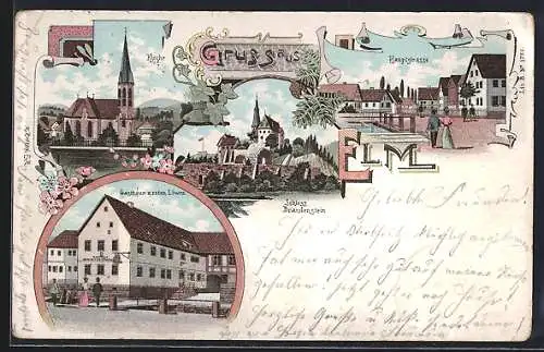 Lithographie Elm / Kassel, Gasthaus zum roten Löwen, Schloss Brandenstein, Kirche