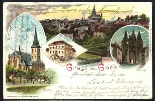 Lithographie Goch, Steinthor, Rathaus, Kirche