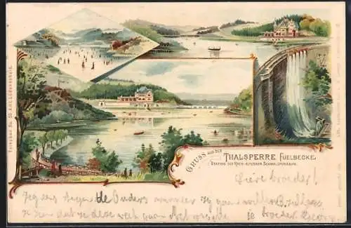 Lithographie Fuelbecke, Talsperre Fuelbecke, Mehrfachansicht