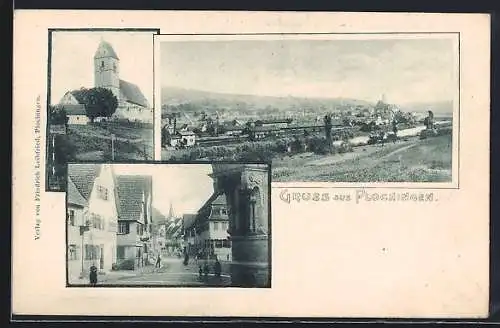AK Plochingen, Totalansicht mit Weitblick, Kirche, Strassenpartie