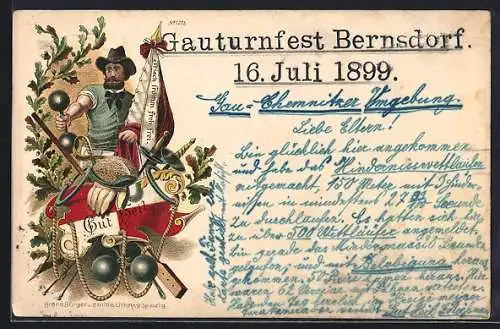 Lithographie Bernsdorf / Chemnitz, Gauturnfest 1899, Mann mit Hantel und Flagge