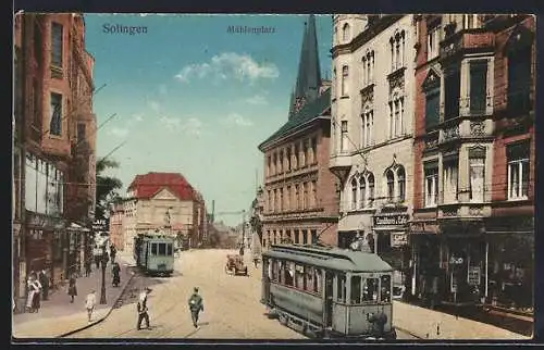 AK Solingen, Cafe Höfken und Cafe Welser am Mühlenplatz, Strassenbahn