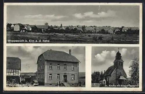 AK Woppenroth b. Kirn, Handlung v. Emil Meyer, Ev. Kirche mit Kriegerdenkmal