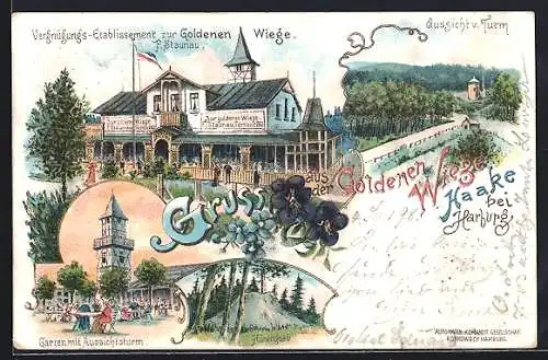 Lithographie Hamburg-Harburg, Gasthaus Goldene Wiege, Aussicht v. Turm