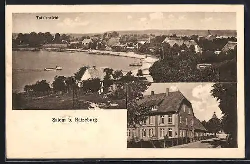 AK Salem b. Ratzeburg, Gasthaus Lindenhof, Inh. Hermann Mau, Ortsansicht mit See
