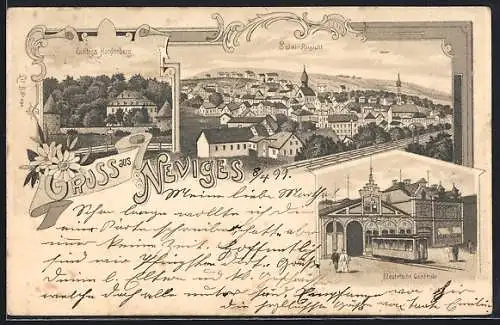 Lithographie Neviges, Elektrische Zentrale, Schloss Hardenburg, Ortsansicht aus der Vogelschau