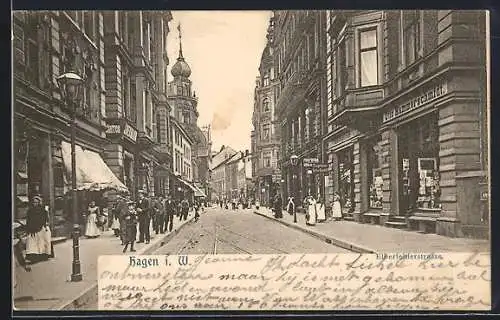 AK Hagen i. W., Elberfelderstrasse mit Geschäften