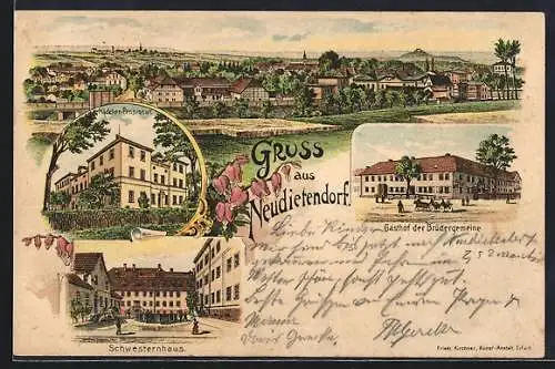 Lithographie Neudietendorf, Gasthof der Brüdergemeinde, Mädchen-Pensionat, Schwesternhaus