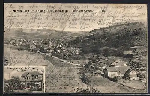 AK Merxhausen / Solling, Postagentur Kaufhaus T. Düwell, Blick von Winterlit auf den Ort