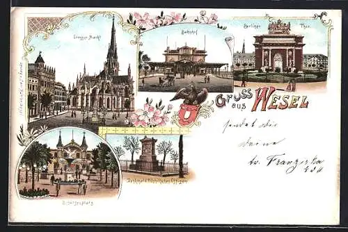 Lithographie Wesel / Rhein, Bahnhof, Berliner Thor, Grosser Markt