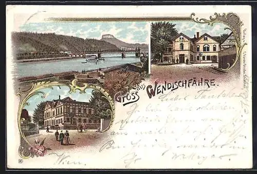 Lithographie Wendischfähre, Gasthaus Carola Brücke
