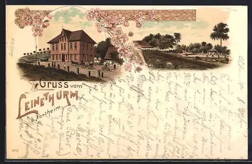 Lithographie Northeim, Gasthaus Leinethurm und Parkanlagen