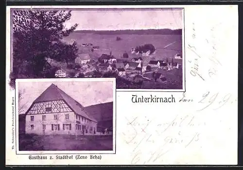 AK Unterkirnach, Gasthaus z. Stadthof, Zeno Beha und Ortsansicht aus der Vogelschau