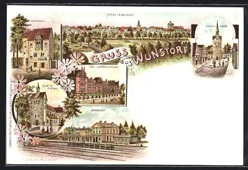 Lithographie Wunstorf, Marktkirche, Rathaus, Stiftskirche, Kgl. Lehrerseminar, Bahnhof