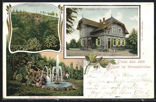 Lithographie Wermelskirchen-Eifgen, Gasthaus zum Eifgen, Hohenstein, Grotte mit Springbrunnen