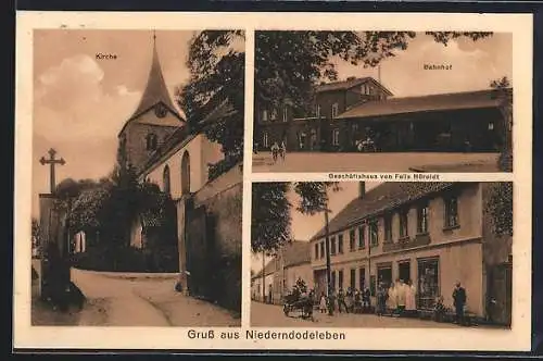 AK Niederndodeleben, Geschäftshaus von Felix Höroldt, Strassenpartie an der Kirche