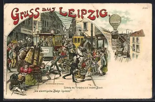 Lithographie Leipzig, Ballon als Möbeltransport, Die electrische Bahn kommt!