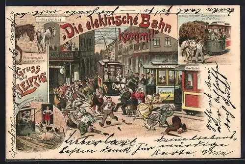 Lithographie Leipzig, Die elektrische Bahn kommt!, Chaos durch Strassenbahnen