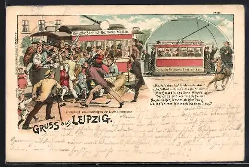 Lithographie Hamburg, Erstürmung eines Motorwagens der Elektrischen Strassenbahn