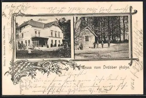 AK Drübber Holz, Schloss, Gärten und Kegelbahn