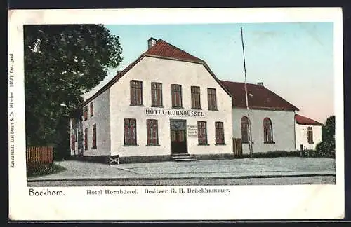 Goldfenster-AK Bockhorn / Jadebusen, Hotel Hornbüssel, Bes. G. R. Drückhammer