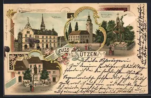 Lithographie Lützen, Rathaus, Altes Schloss, Gustav Adolf-Denkmal, Sieges-Denkmal