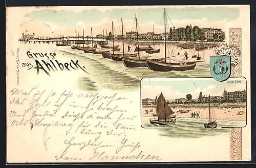 Lithographie Ahlbeck / Ostseebad, Hafenpartie mit Booten