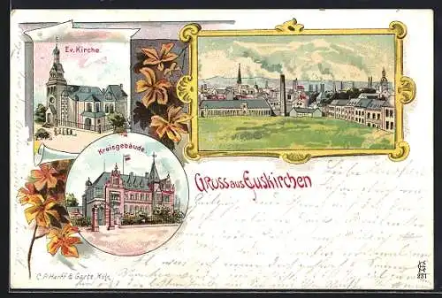 Künstler-AK Euskirchen, Teilansicht, Kreisgebäude, Evangelische Kirche