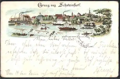 Lithographie Schweinfurt, Ortsansicht mit Fabriken und Frachtkähnen auf dem Fluss