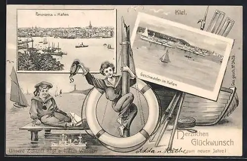 AK Kiel, Panorama und Hafen, Geschwader im Hafen im Passepartout, Jungen im Matrosenanzug