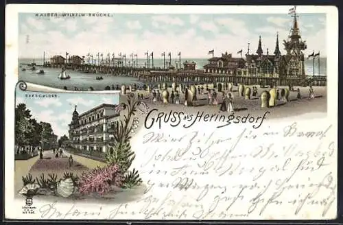 Lithographie Heringsdorf / Seebad, Kaiser-Wilhelm-Brücke und Seeschloss