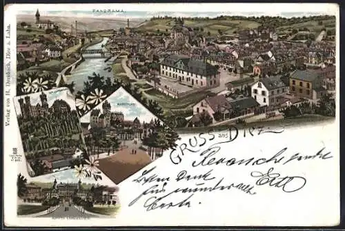 Lithographie Diez, Panorama aus der Vogelschau, Schloss Schaumburg, Marktplatz, Schloss Oranienstein