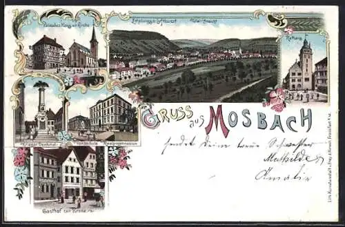 Lithographie Mosbach / Baden, Totalansicht, Palmsches Haus mit Kirche, Kriegerdenkmal, Volksschule, Gasthaus zur Krone