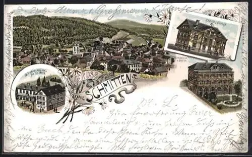Lithographie Schmitten i. T., Gasthaus zum Ochsen, Inh. Anton Ochs, Kurhaus mit Garten
