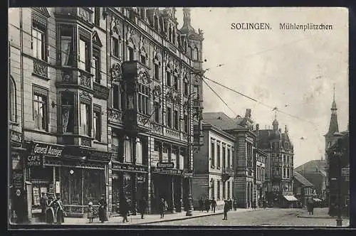 AK Solingen, Strasse am Mühlenplätzchen mit Cafe Höfken, Färberei Peter Kampermann