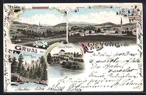 Lithographie Freyung v. Wld., Buchberger Leithe, Schloss Wolfstein, Teilansicht