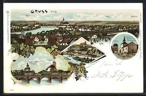 Lithographie Laufen a. N., Totalansicht aus der Vogelschau, Regiswindiskirche m. Kapelle, Stadttor