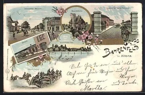 Lithographie Hamburg-Altona, Kaserne mit Haupt-Eingang, Bahnhof, Bahrenrelder See, Aussichtsturm