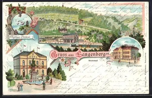 Lithographie Langenberg / Rhld., Rathhaus & Denkmal, Kaiserl. Postamt, Blick über den Bahnhof