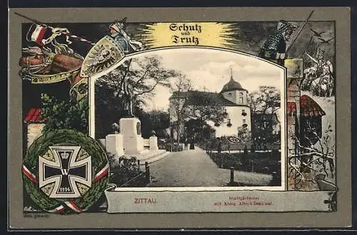AK Zittau, Stadtgärtnerei mit König Albert-Denkmal mit Passepartoutrahmen Ritter mit Schild auf seinem Pferd