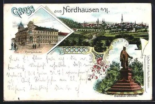 Lithographie Nordhausen a. H., Bismarck-Denkmal und Postgebäude