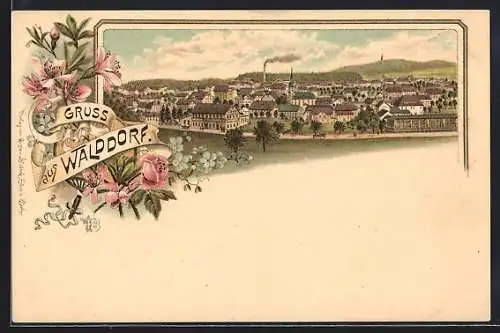 Lithographie Walddorf / Sachsen, Ortsansicht mit Kirche und Fabrik im Passepartout