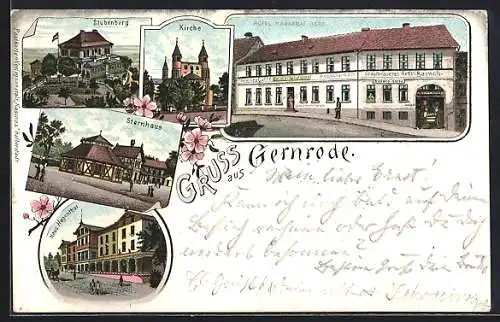 Lithographie Gernrode / Harz, Hotel Markgraf Gero, Kirche, Stubenberg, Sternhaus, Haus Hagenthal