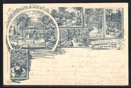 Lithographie Burg /Spreewald, Gasthof Zur Bleiche, A. Lehnigk, Kanäle und Anleger für Kähne