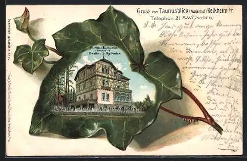 Passepartout-Lithographie Kelkheim i. T., Hotel Kurhaus Taunusblick G. Maier, Nebenseite im Efeublatt