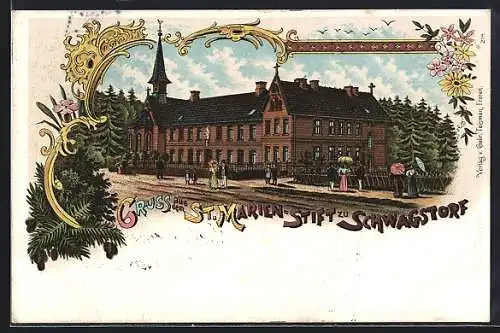 Lithographie Schwagstorf / Bramsche, Strassenpartie am St. Marien-Stift