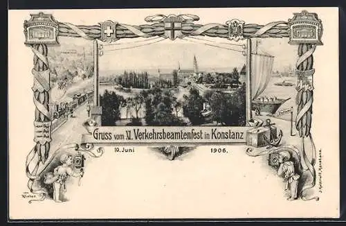 AK Konstanz, XI. Verkehrsbeamtenfest, Eisenbahn, Schiffe & Ortsansicht