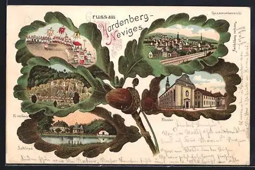 Lithographie Hardenberg-Neviges, Eichenblatt, Ortsansicht von oben, Schloss, Kreuzberg, Prozession