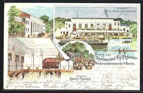 Lithographie Berlin-Niederschöneweide, Restaurant Kyffhäuser, Aussen-und Innenansicht