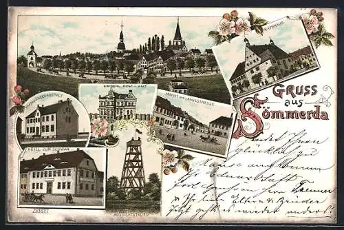 Lithographie Sömmerda, Hotel zum Schwan, Präperandenanstalt, Kaiserl. Postamt, Aussichtsturm, Rathaus u.a.